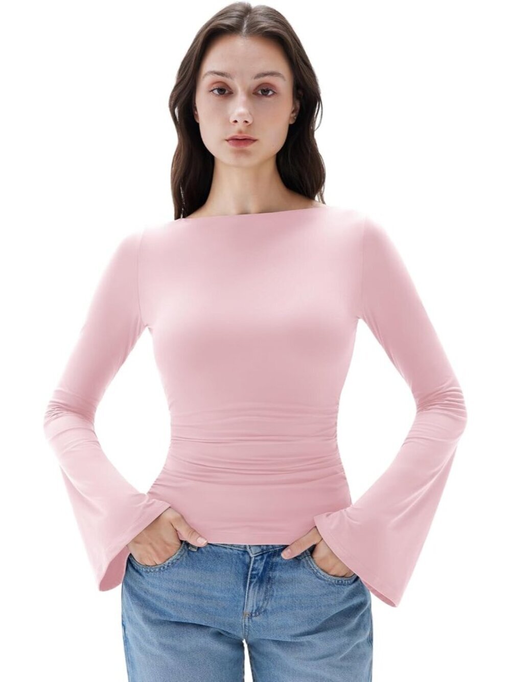 Women's Baby Pink Long Sleeve Crew Neck Double Lined Casual Tops Basic T Shirts